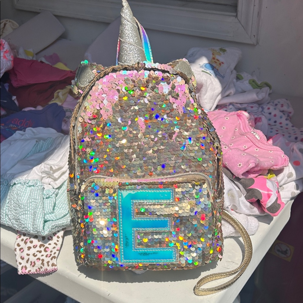 Sequin Unicorn Kids Mini Backpack - Silver Initial E